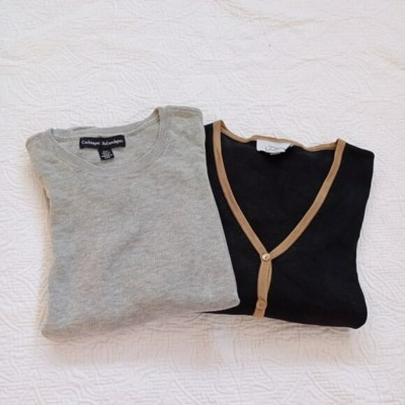 Set Gray Puff Sleeve Sweater & Ann Taylor LOFT Black Silk Cardigan Womens - Picture 1 of 16